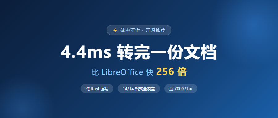 近 7000 Star！4.4ms 转完一份文档，比 LibreOffice 快 256 倍，太狠了